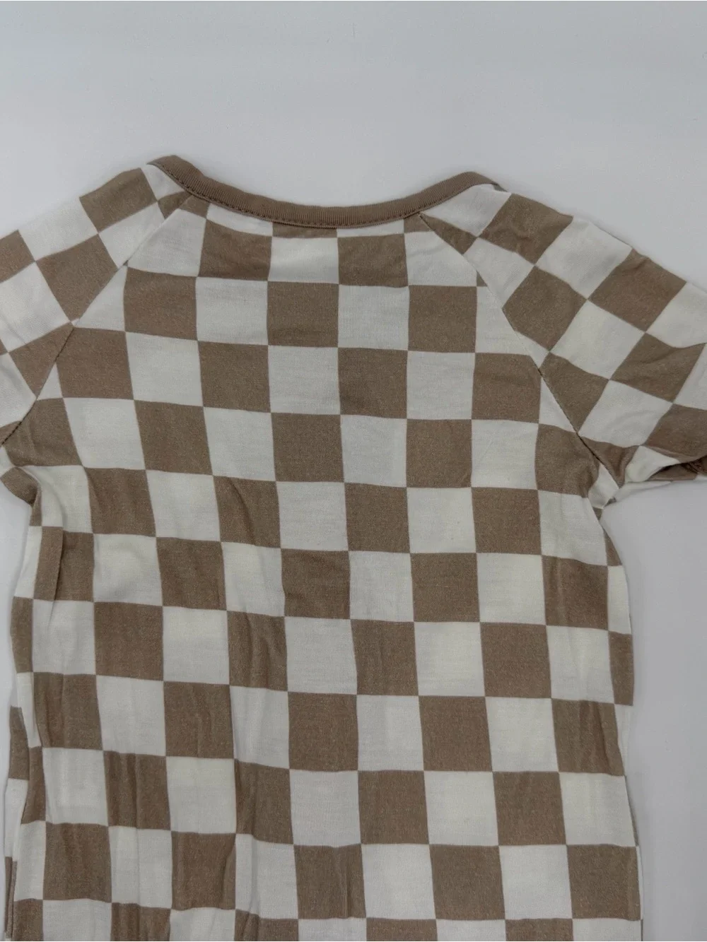 Bamboo Toddler Kids Short Sleeve Zip Romper in Beige Check 12-18 months